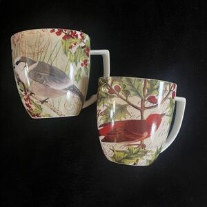 Set/2 Winter Mugs Waechtersbach of Germany, Vintage Retro Holiday Joy Bird Cups